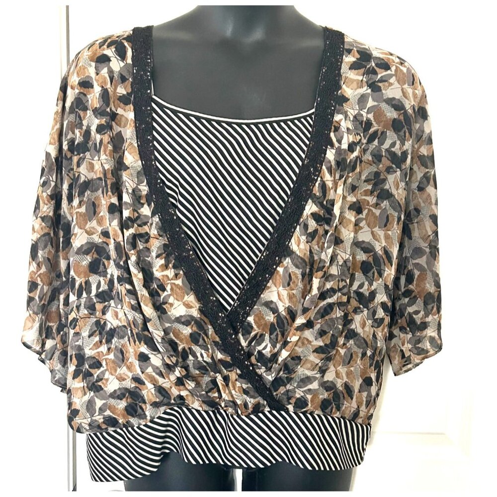 Sheer Floral & Striped Layered Blouse With Sequin Trim - Size18/20